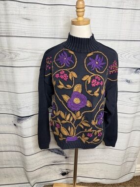 Vintage Navy Turtleneck Sweater with Purple, Gold & Pink Floral Embroidery